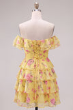 Off the Shoulder Blue A-Line Tiered Floral Homecoming Dress with Lace Up Back
