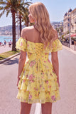 Off the Shoulder Blue A-Line Tiered Floral Homecoming Dress with Lace Up Back