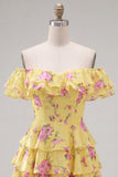 Off the Shoulder Blue A-Line Tiered Floral Homecoming Dress with Lace Up Back