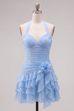 Blue Halter Bodycon Tiered Ruched Homecoming Dress with 3D Flower