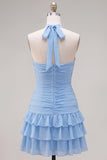 Blue Halter Bodycon Tiered Ruched Homecoming Dress with 3D Flower