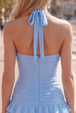 Blue Halter Bodycon Tiered Ruched Homecoming Dress with 3D Flower