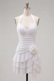 Blue Halter Bodycon Tiered Ruched Homecoming Dress with 3D Flower