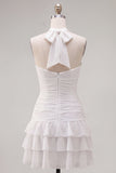 Blue Halter Bodycon Tiered Ruched Homecoming Dress with 3D Flower