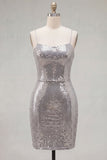 Sparkly Red Spaghetti Straps Bodycon Sequins Short Homecoming Dress with Lace Up Back