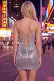 Sparkly Red Spaghetti Straps Bodycon Sequins Short Homecoming Dress with Lace Up Back