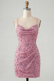 Dusty Rose Bodycon Ruched Lace Up Back Spaghetti Straps Short Homecoming Dress with Beading