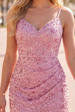 Dusty Rose Bodycon Ruched Lace Up Back Spaghetti Straps Short Homecoming Dress with Beading