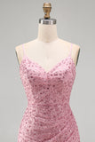 Dusty Rose Bodycon Ruched Lace Up Back Spaghetti Straps Short Homecoming Dress with Beading