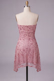 Strapless Dusty Rose Bodycon Ruched Short Homecoming Dress with Beading