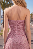 Strapless Dusty Rose Bodycon Ruched Short Homecoming Dress with Beading