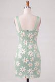Green Floral Bodycon Sequins Thick Straps Short Homecoming Dress