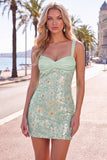 Green Floral Bodycon Sequins Thick Straps Short Homecoming Dress