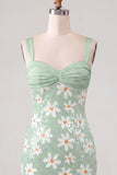 Green Floral Bodycon Sequins Thick Straps Short Homecoming Dress