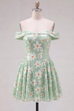 Off the Shoulder A-Line Green Floral Sequins Short Homecoming Dress with Lace Up Back