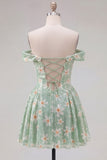Off the Shoulder A-Line Green Floral Sequins Short Homecoming Dress with Lace Up Back