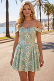 Off the Shoulder A-Line Green Floral Sequins Short Homecoming Dress with Lace Up Back