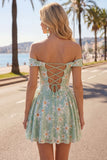 Off the Shoulder A-Line Green Floral Sequins Short Homecoming Dress with Lace Up Back