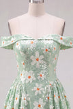 Off the Shoulder A-Line Green Floral Sequins Short Homecoming Dress with Lace Up Back