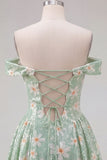 Off the Shoulder A-Line Green Floral Sequins Short Homecoming Dress with Lace Up Back
