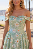 Off the Shoulder A-Line Green Floral Sequins Short Homecoming Dress with Lace Up Back