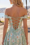 Off the Shoulder A-Line Green Floral Sequins Short Homecoming Dress with Lace Up Back