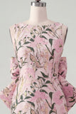 Pink Green Jacquard Bodycon Bateau Neck Floral Homecoming Dress with Large Bow