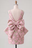 Pink Green Jacquard Bodycon Bateau Neck Floral Homecoming Dress with Large Bow