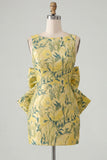 Pink Green Jacquard Bodycon Bateau Neck Floral Homecoming Dress with Large Bow