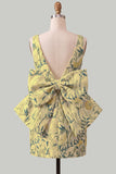Pink Green Jacquard Bodycon Bateau Neck Floral Homecoming Dress with Large Bow