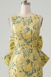 Pink Green Jacquard Bodycon Bateau Neck Floral Homecoming Dress with Large Bow