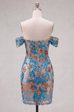 Sparkly Blue Flower Off the Shoulder Bodycon Sequins Short Homecoming Dress
