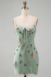 Green Bodycon Beaded Short Homecoming Dress with Lace Up Back