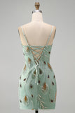Green Bodycon Beaded Short Homecoming Dress with Lace Up Back