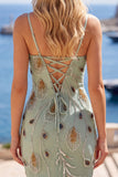 Green Bodycon Beaded Short Homecoming Dress with Lace Up Back