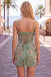 Green Bodycon Beaded Short Homecoming Dress with Lace Up Back