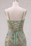 Green Bodycon Beaded Short Homecoming Dress with Lace Up Back