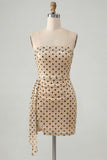 Strapless Champagne Black Dot Bodycon Sequins Short Homecoming Dress with Sash
