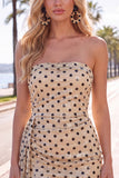 Strapless Champagne Black Dot Bodycon Sequins Short Homecoming Dress with Sash