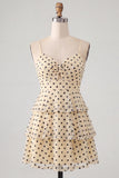 A-Line Champagne Sequins Tiered Ruffled Keyhole Lace Up Back Homecoming Dress