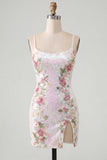Sparkly White Floral Sequins Lace Up Back Short Homecoming Dress with Slit