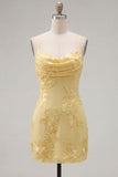 Yellow Bodycon Ruched Spaghetti Straps Floral Embroidery Homecoming Dress