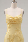 Yellow Bodycon Ruched Spaghetti Straps Floral Embroidery Homecoming Dress