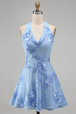 A-Line Yellow Floral Halter Backless Short Formal Dress