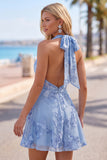 A-Line Yellow Floral Halter Backless Short Formal Dress