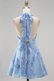 A-Line Yellow Floral Halter Backless Short Formal Dress