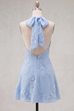 A-Line Yellow Halter Backless Short Homecoming Dress with Floral Embroidery