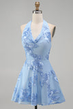 A-Line Yellow Floral Halter Backless Short Formal Dress