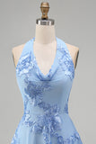 A-Line Yellow Floral Halter Backless Short Formal Dress