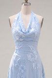 A-Line Yellow Halter Backless Short Homecoming Dress with Floral Embroidery
